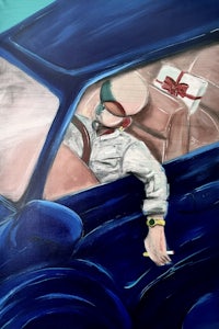 a painting of a man in a blue car