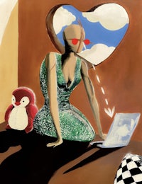 a painting of a woman using a laptop