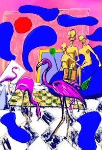 a painting of flamingos on a checkered floor