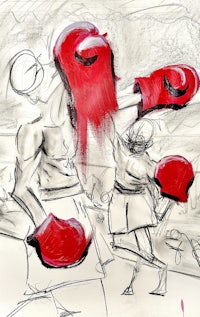a drawing of a man with red boxing gloves