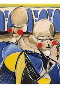 a painting of two people in blue and yellow