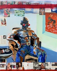 a painting of a man sitting in a chair